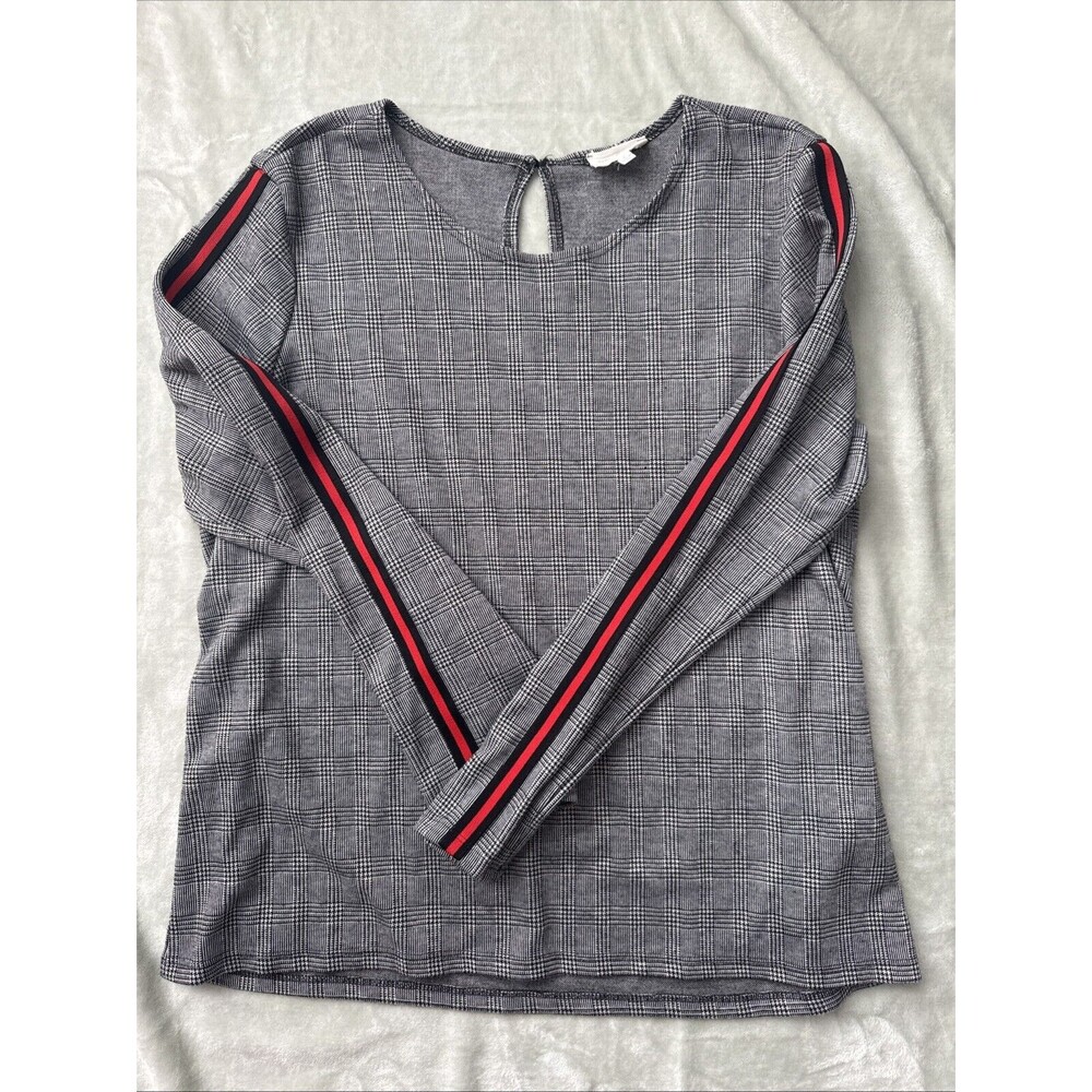 Thyme & Honey Women’s L Houndstooth Pattern With Black & Red Stripes Down Sleeve